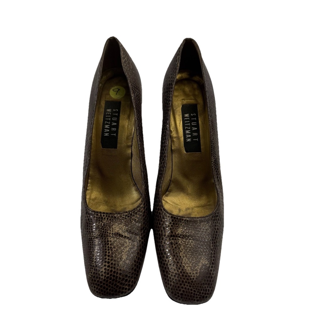 Stuart Weitzman 9 AA Brown Snakeskin Square Toe‎ Chunky Heel Pump